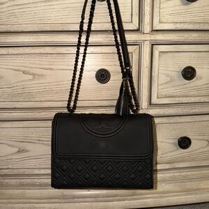 Tory Burch Fleming Matte Black Quilted Leather Bag with Tassel Chain Strap